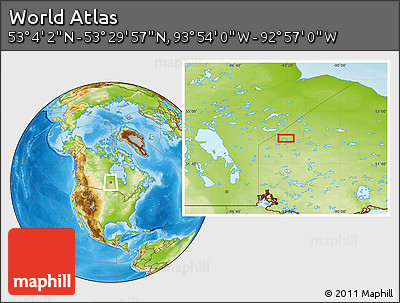 Physical Location Map of the Area around 53° 17' 0" N, 93° 25' 30" W