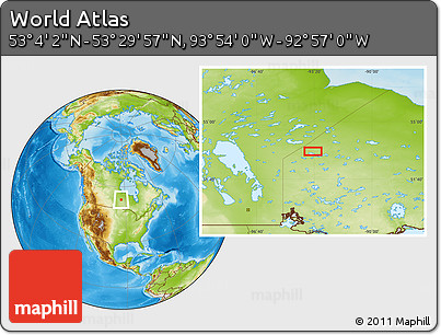 Physical Location Map of the Area around 53° 17' 0" N, 93° 25' 30" W