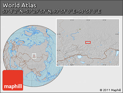 Gray Location Map of the Area around 53° 17' 0" N, 94° 25' 30" E, hill shading