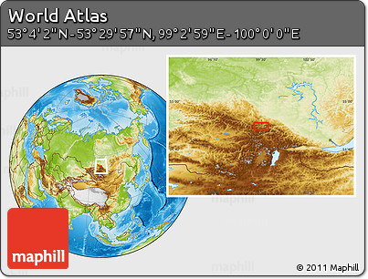 Physical Location Map of the Area around 53° 17' 0" N, 99° 31' 30" E