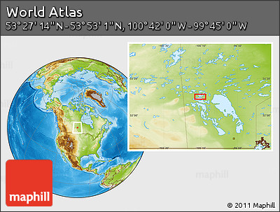 Physical Location Map of the Area around 53° 40' 8" N, 100° 13' 29" W