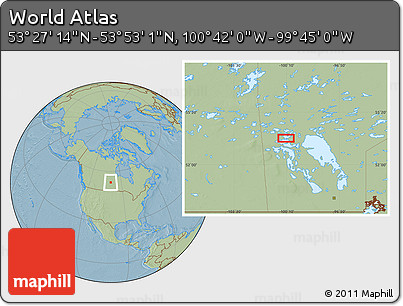 Savanna Style Location Map of the Area around 53° 40' 8" N, 100° 13' 29" W, hill shading