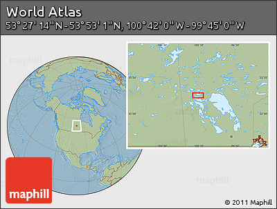 Savanna Style Location Map of the Area around 53° 40' 8" N, 100° 13' 29" W, hill shading