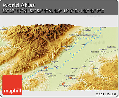 Physical 3D Map of the Area around 53° 40' 8" N, 109° 43' 29" E