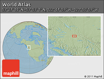 Savanna Style Location Map of the Area around 53° 40' 8" N, 122° 19' 29" W, hill shading