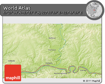 Physical 3D Map of the Area around 53° 40' 8" N, 123° 19' 29" E