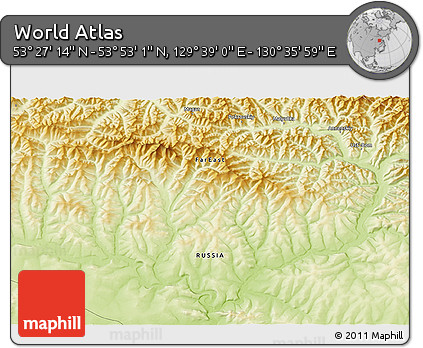 Physical 3D Map of the Area around 53° 40' 8" N, 130° 7' 30" E