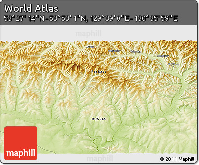 Physical 3D Map of the Area around 53° 40' 8" N, 130° 7' 30" E