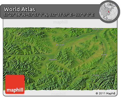 Satellite 3D Map of the Area around 53° 40' 8" N, 132° 40' 30" E