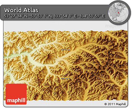 Physical 3D Map of the Area around 53° 40' 8" N, 134° 22' 30" E