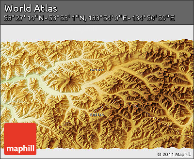 Physical 3D Map of the Area around 53° 40' 8" N, 134° 22' 30" E