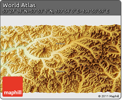 Physical 3D Map of the Area around 53° 40' 8" N, 134° 22' 30" E
