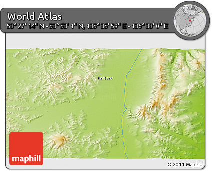 Physical 3D Map of the Area around 53° 40' 8" N, 136° 4' 29" E