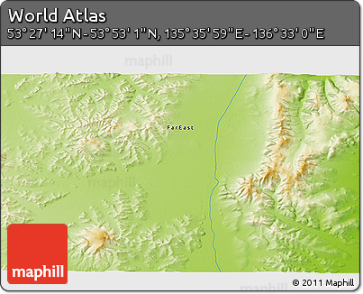 Physical 3D Map of the Area around 53° 40' 8" N, 136° 4' 29" E