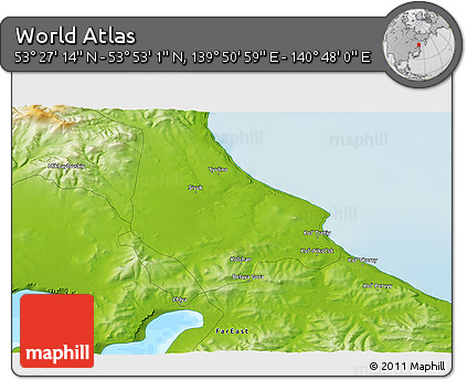 Physical 3D Map of the Area around 53° 40' 8" N, 140° 19' 29" E