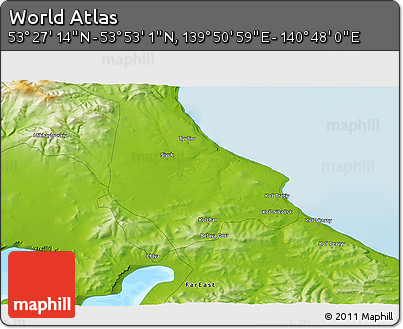 Physical 3D Map of the Area around 53° 40' 8" N, 140° 19' 29" E