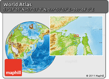Physical Location Map of the Area around 53° 40' 8" N, 140° 19' 29" E