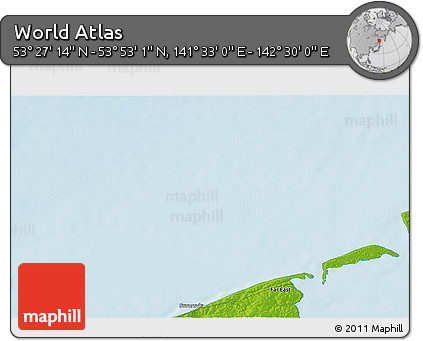 Physical 3D Map of the Area around 53° 40' 8" N, 142° 1' 30" E