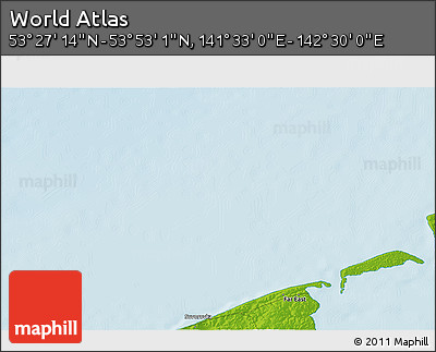 Physical 3D Map of the Area around 53° 40' 8" N, 142° 1' 30" E