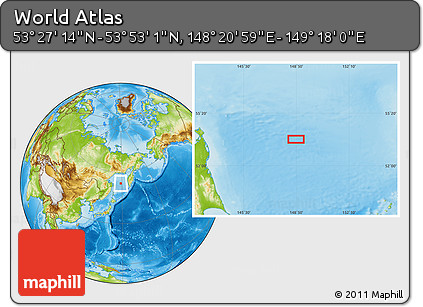 Physical Location Map of the Area around 53° 40' 8" N, 148° 49' 29" E