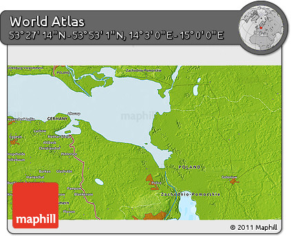 Physical 3D Map of the Area around 53° 40' 8" N, 14° 31' 30" E