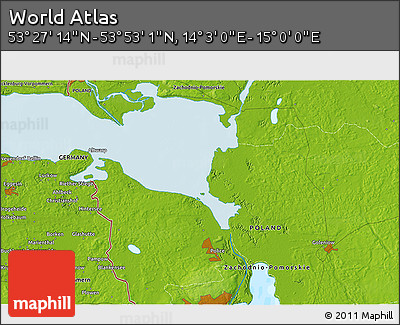 Physical 3D Map of the Area around 53° 40' 8" N, 14° 31' 30" E