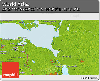 Physical 3D Map of the Area around 53° 40' 8" N, 14° 31' 30" E