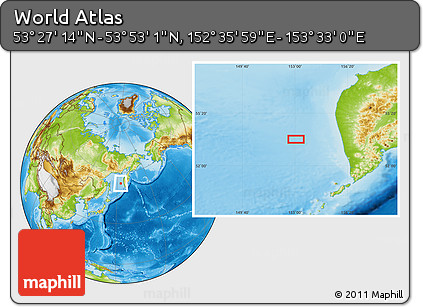 Physical Location Map of the Area around 53° 40' 8" N, 153° 4' 29" E