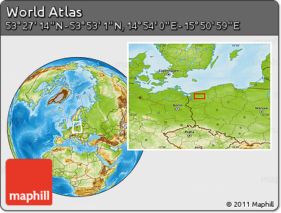 Physical Location Map of the Area around 53° 40' 8" N, 15° 22' 30" E