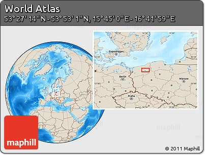 Shaded Relief Location Map of the Area around 53° 40' 8" N, 16° 13' 30" E