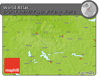 Physical Map of the Area around 53° 40' 8" N, 16° 13' 30" E