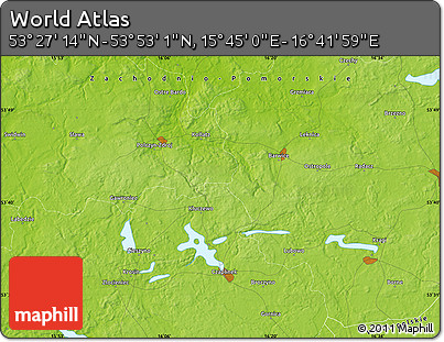 Physical Map of the Area around 53° 40' 8" N, 16° 13' 30" E