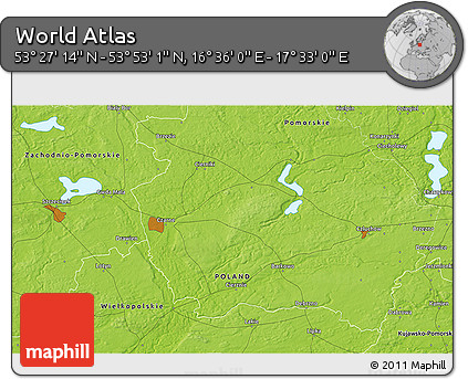Physical 3D Map of the Area around 53° 40' 8" N, 17° 4' 30" E