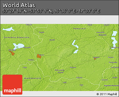 Physical 3D Map of the Area around 53° 40' 8" N, 17° 4' 30" E