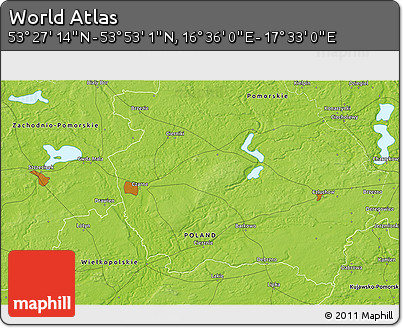 Physical 3D Map of the Area around 53° 40' 8" N, 17° 4' 30" E