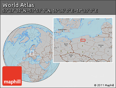 Gray Location Map of the Area around 53° 40' 8" N, 17° 4' 30" E, hill shading