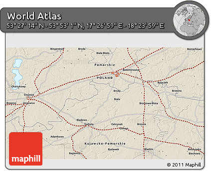 Shaded Relief 3D Map of the Area around 53° 40' 8" N, 17° 55' 29" E
