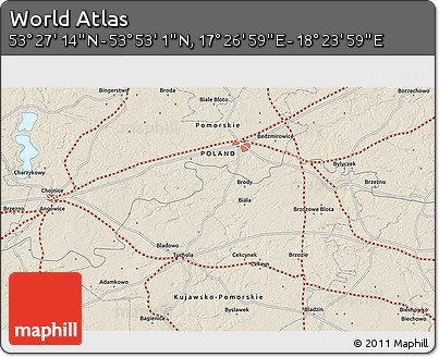 Shaded Relief 3D Map of the Area around 53° 40' 8" N, 17° 55' 29" E