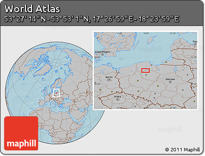Gray Location Map of the Area around 53° 40' 8" N, 17° 55' 29" E, hill shading