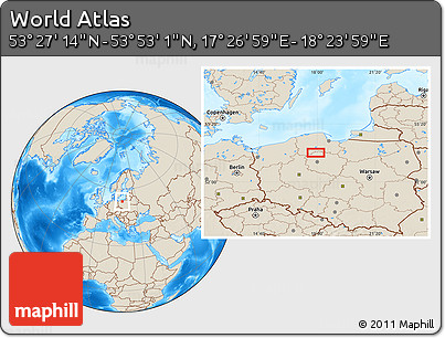 Shaded Relief Location Map of the Area around 53° 40' 8" N, 17° 55' 29" E