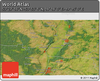 Satellite 3D Map of the Area around 53° 40' 8" N, 18° 46' 29" E