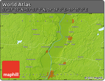 Physical Map of the Area around 53° 40' 8" N, 18° 46' 29" E