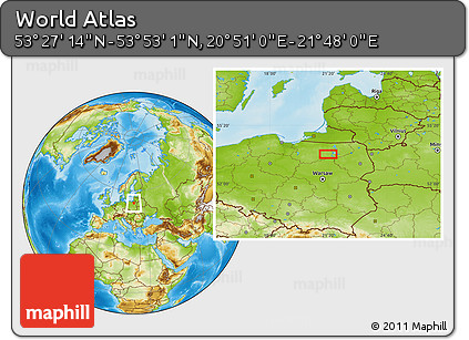 Physical Location Map of the Area around 53° 40' 8" N, 21° 19' 30" E