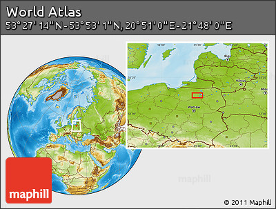 Physical Location Map of the Area around 53° 40' 8" N, 21° 19' 30" E
