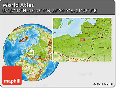 Physical Location Map of the Area around 53° 40' 8" N, 21° 19' 30" E