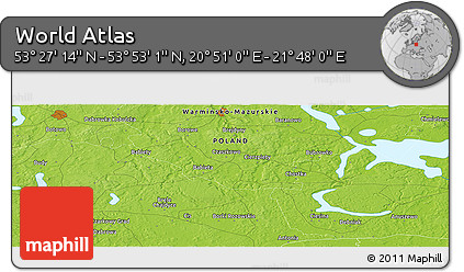 Physical Panoramic Map of the Area around 53° 40' 8" N, 21° 19' 30" E