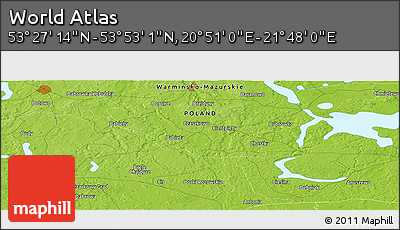 Physical Panoramic Map of the Area around 53° 40' 8" N, 21° 19' 30" E