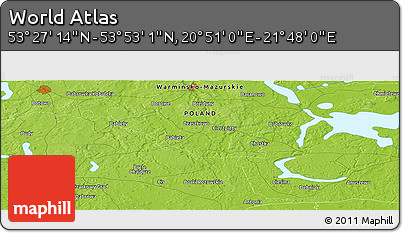 Physical Panoramic Map of the Area around 53° 40' 8" N, 21° 19' 30" E