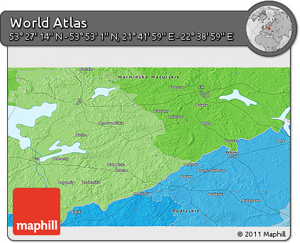 Political 3D Map of the Area around 53° 40' 8" N, 22° 10' 29" E