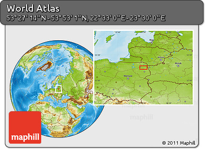 Physical Location Map of the Area around 53° 40' 8" N, 23° 1' 29" E